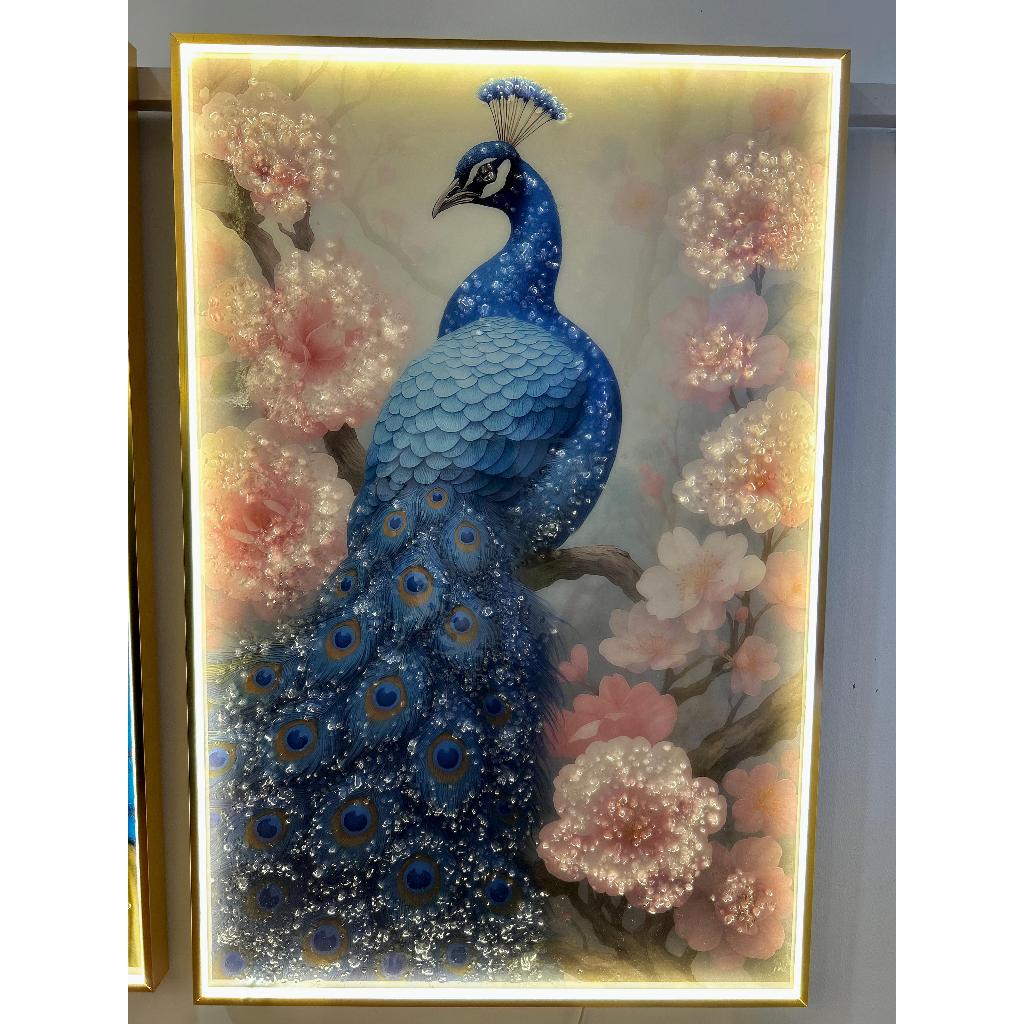 LUKISAN PORCELAIN 5D DIAMOND BURUNG MERAK + LED