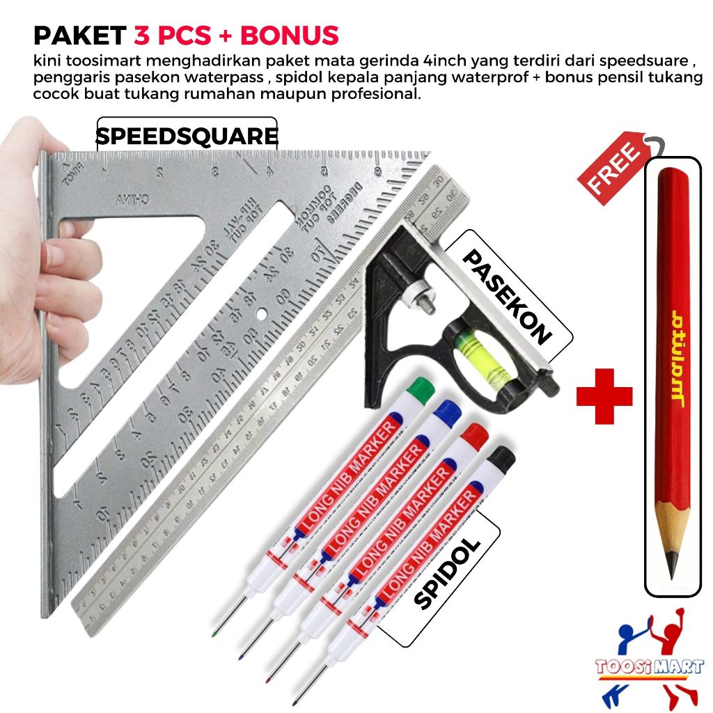 Paket 3 Pcs + Bonus Pensil Tukang / Penggaris Siku Segitiga ,Penggaris Siku Waterpass ,Spidol Tukang