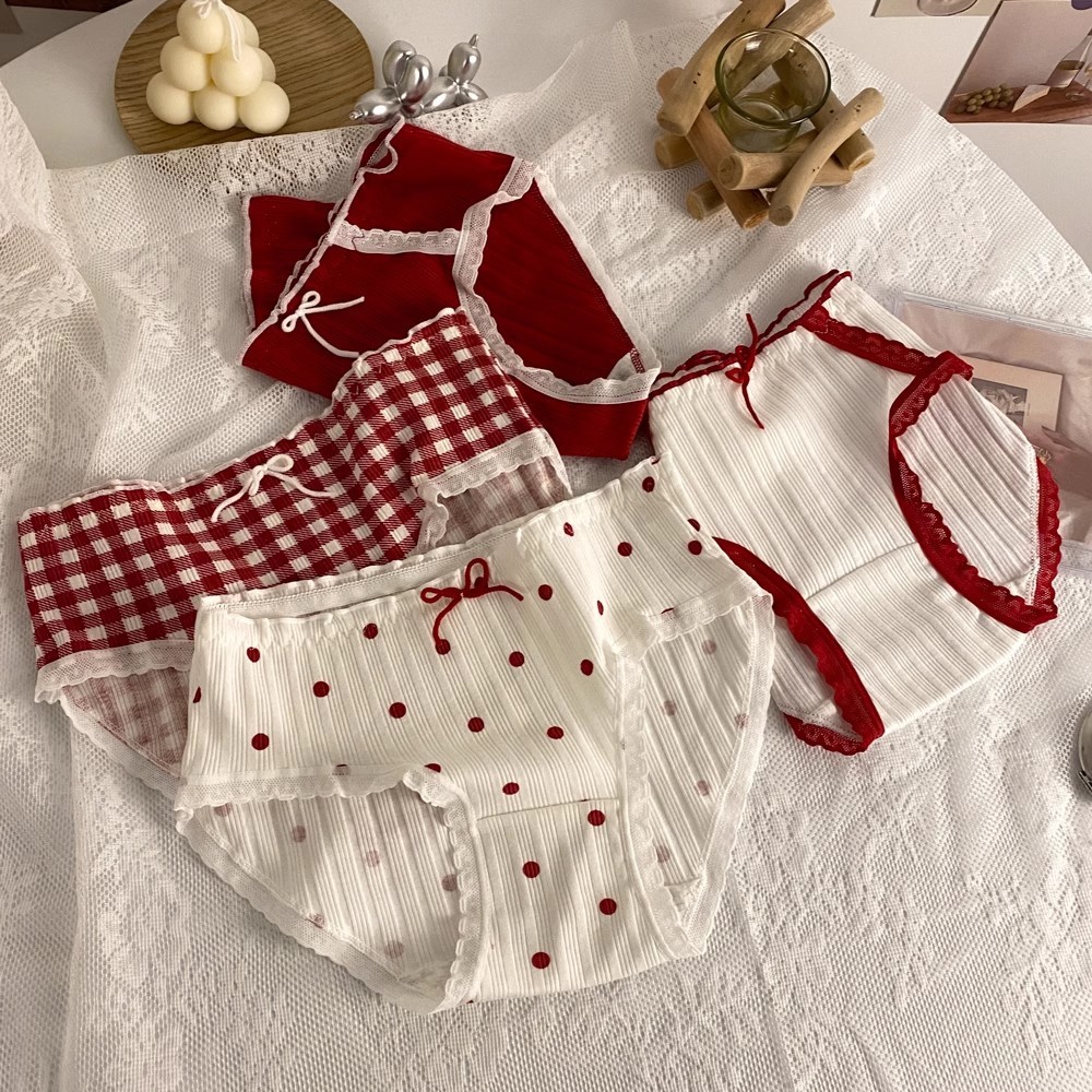 •Storeme.id• CD2143 Celana Dalam Renda Pita Merah Red Wanita ,Bahan Katun Jepang Menyerap Keringat