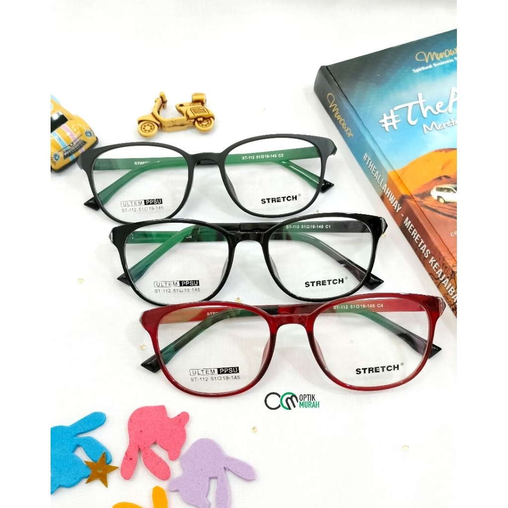 Frame kacamata lentur elastis oval semi kotak cowok cewek Stretch ST 112