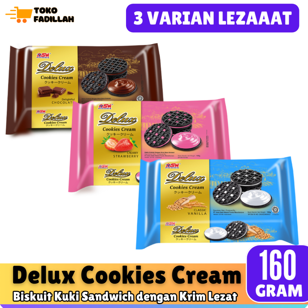 

Biskuit Delux Cookies Cream 160 gr - Chocolate Vanilla Strawberry