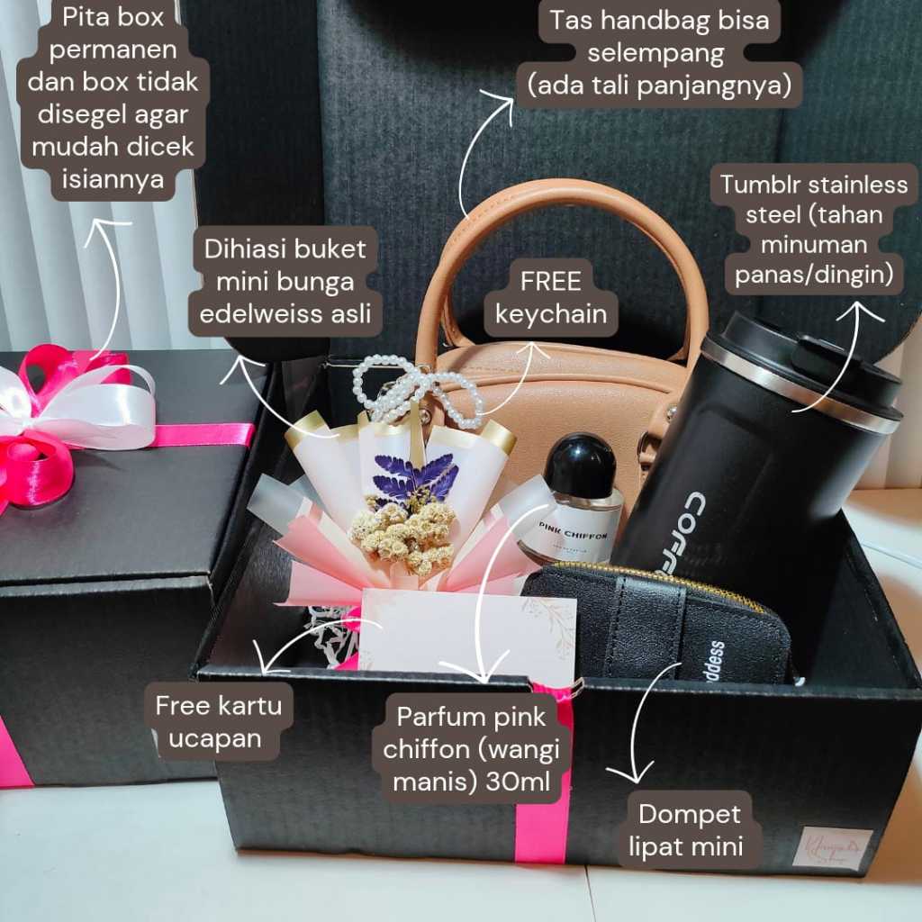 

PAKET TAS (C) hampers / Hampers tas dompet + tumblr stainless steel 500ml + parfum 30ml / hampers ulang tahun / kado ultah / birthday gift / kado anniversary / hadiah untuk cewek
