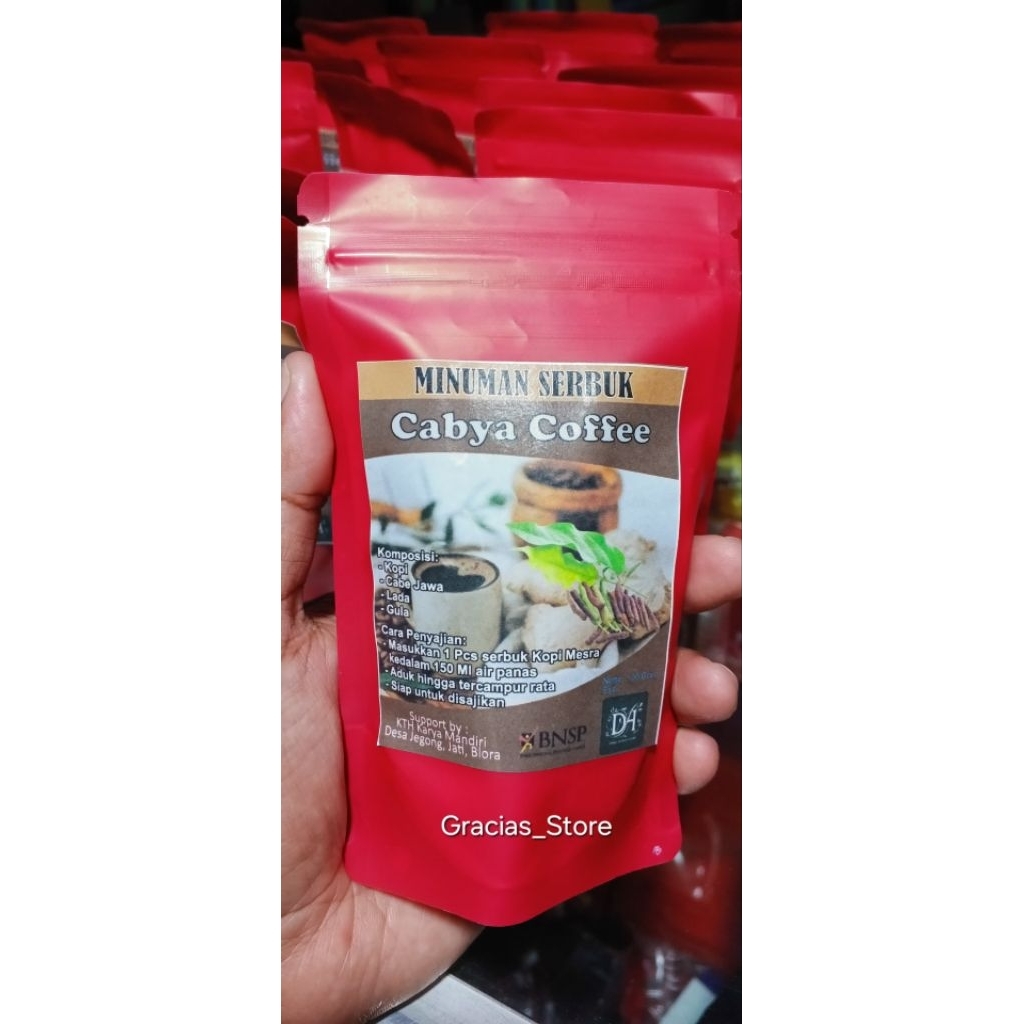 

Coffe cabya,berbahan utama cabe jamu,1kemasan isi 5pcs. Bisa COD bayar ditempat