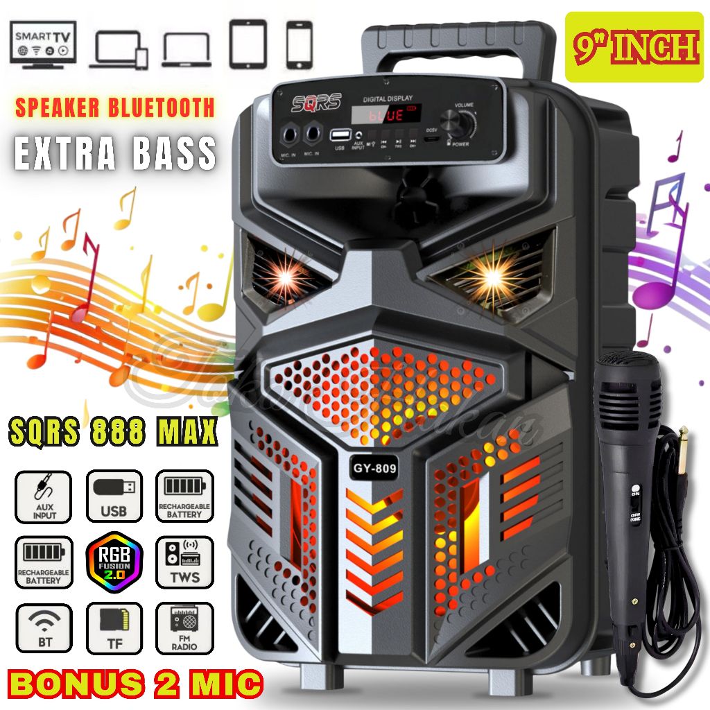TERMURAH~Speaker Bluetooth Sqrs 888 Max Extra Bass Bluetooth-TWS-Radio FM-USB-TF | Speaker Aktif Sub