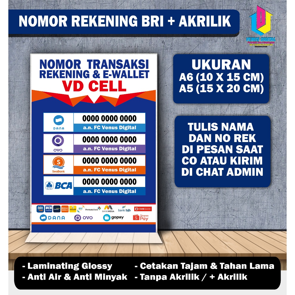 

BROSUR NOMOR ADMIN TRANSAKSI REKENING & E-WALLET CUSTOM + STAND AKRILIK UKURAN A6 DAN A5
