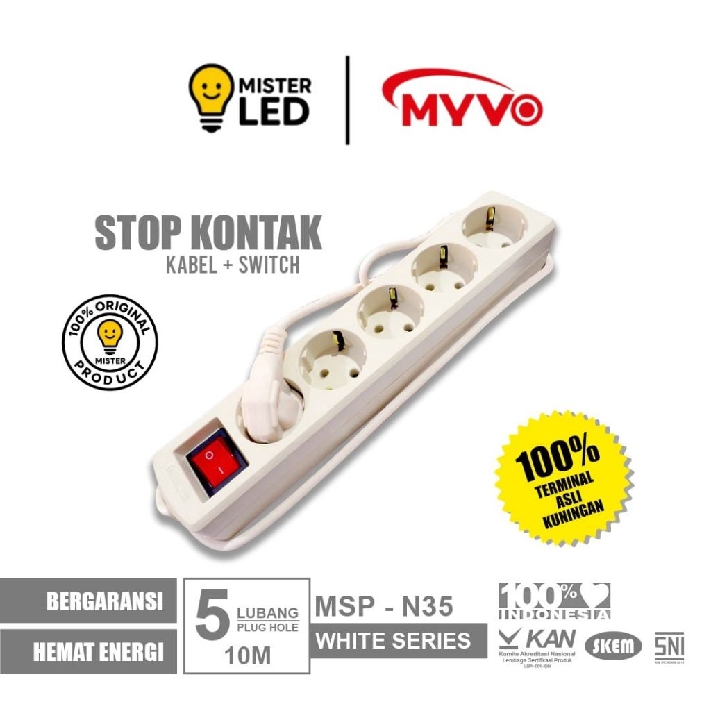 Myvo Stop Kontak 5 Lubang 10 Meter MSP-N35 Putih Asli