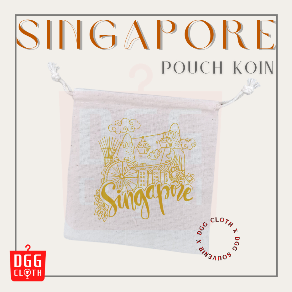 DGGCloth Pouch Koin Souvenir Singapore Dompet Koin Oleh Oleh Singapura Bahan Blacu Tali Serut Type 1