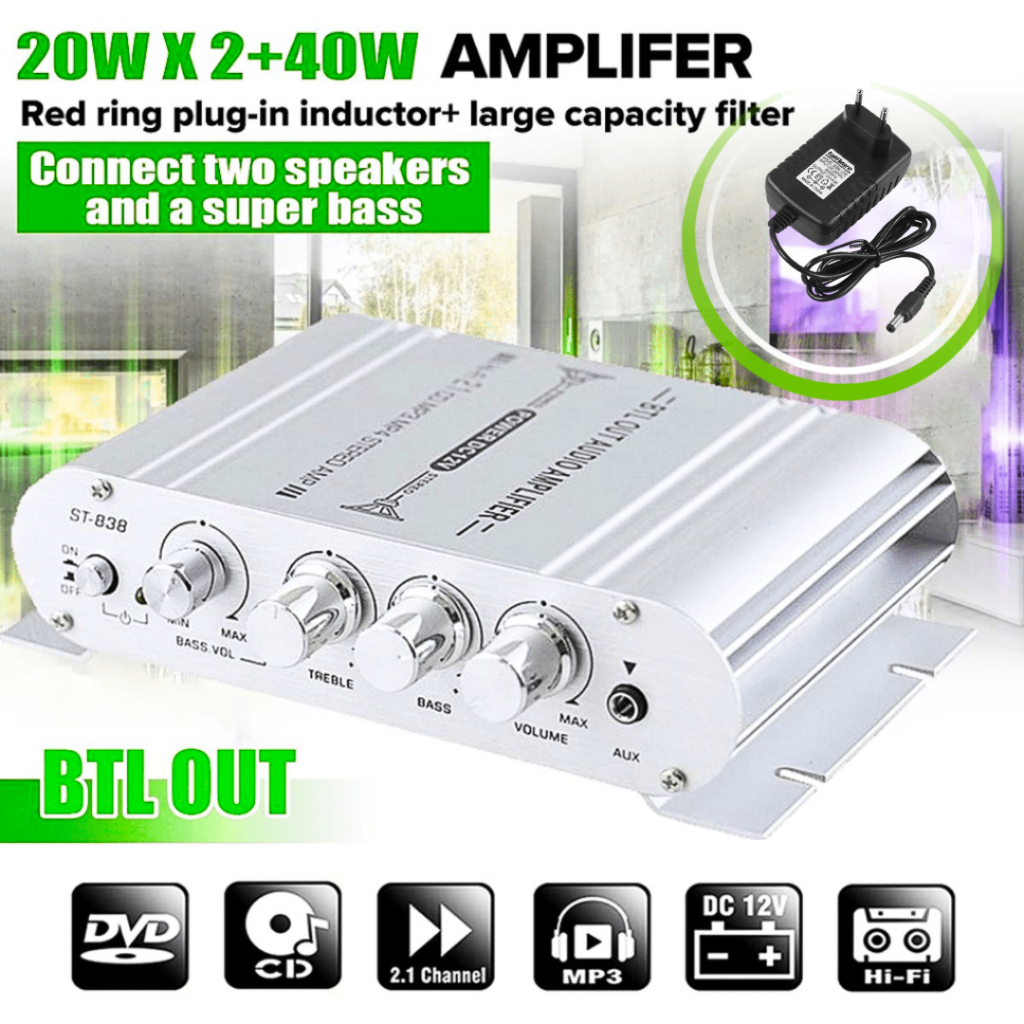 PROMO CLAITE ST-838 Ampli Amplifier 12 Volt Mini Mobil Rumahan HiFi Stereo + Adaptor 12 Volt