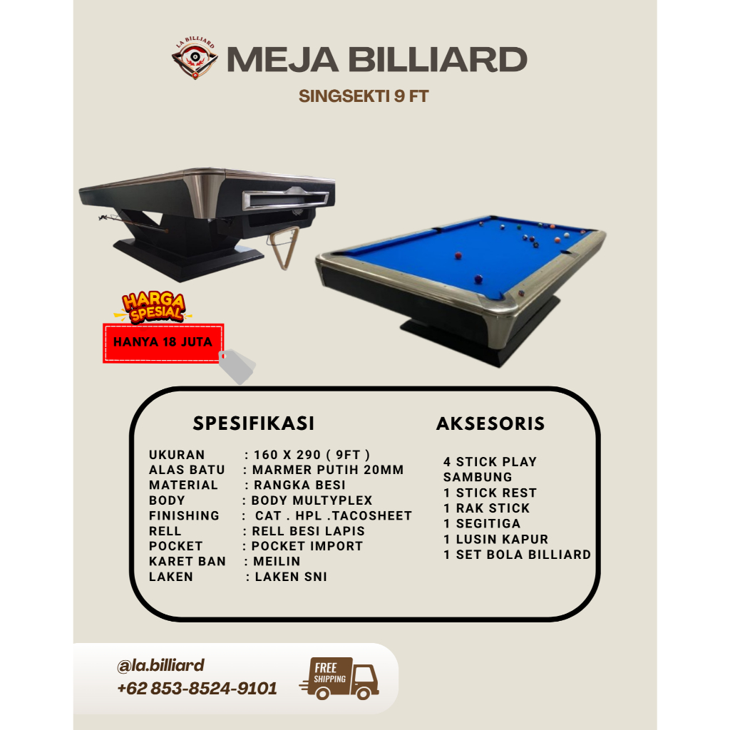Meja Billiard Singsekti 9FT | Meja Billiard Profesional Full Set Meja Billiard 9 Kaki Singsekti | Bi