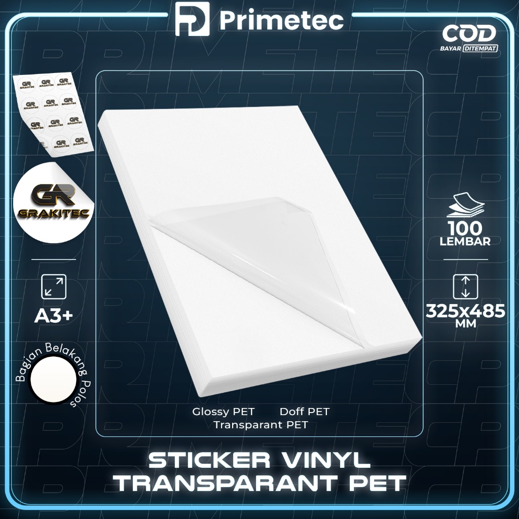 

PRIMETEC Sticker Vinyl A3+ 100 Lembar Glossy | Matte | Transparant PET | PP | Holo Glitter | Holo Rainbow Digital Print Laser Toner Plastik Vinil Anti Air Tidak Mudah Sobek Grakitec