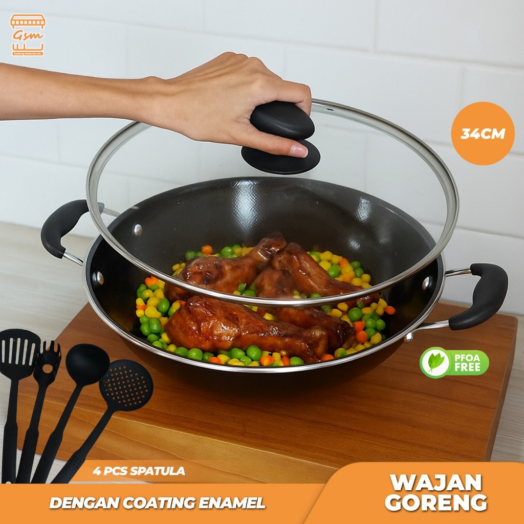 GSM Wajan 34 cm Enamel + Tutup + 4 spatula / Wajan Serbaguna Anti lengket semua jenis kompor