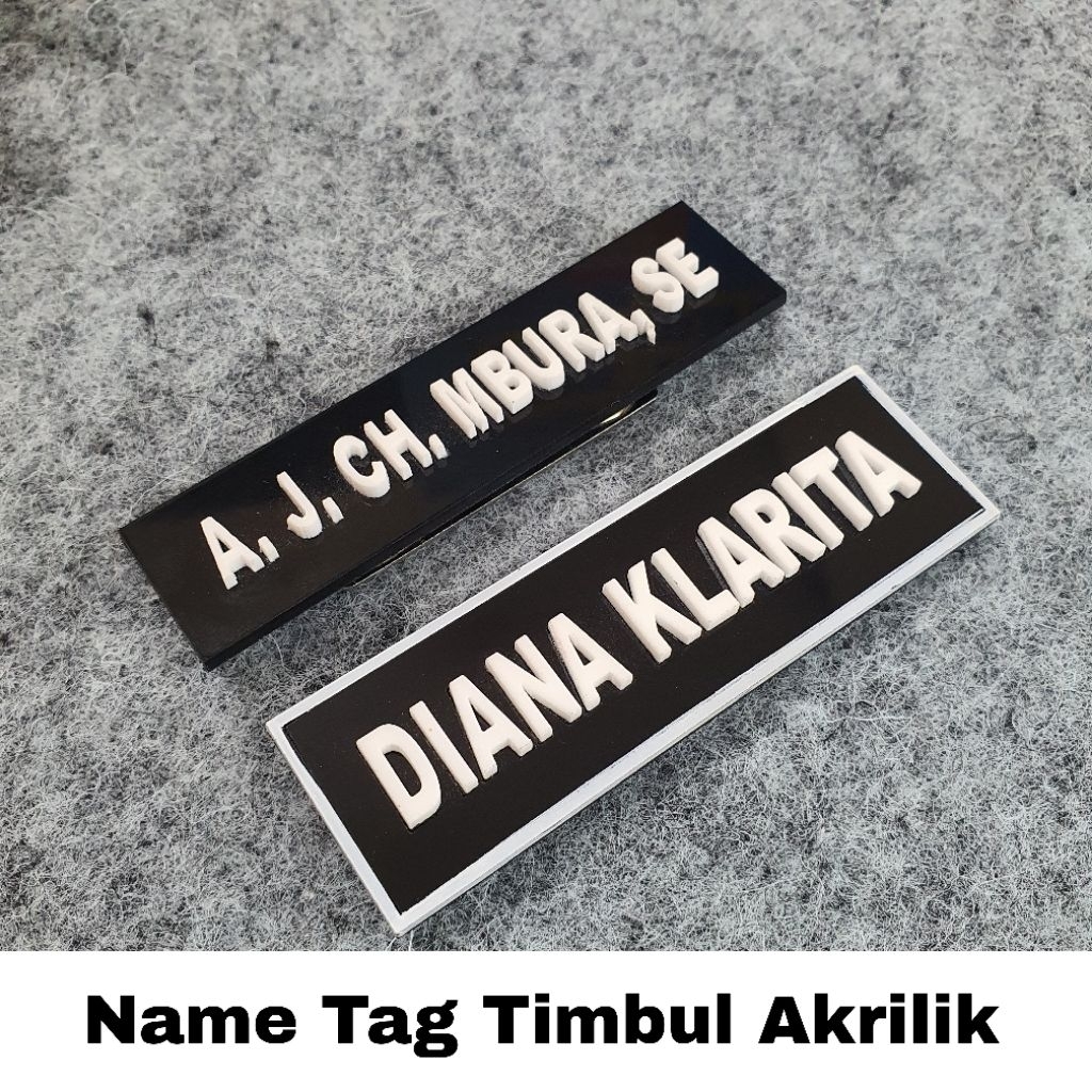 

Papan Nama Name tag Full Akrilik Timbul 3D Glossy, Dove, Full hitam dan Lis Putih Satu Hari pengerjaan Super Premium High Quality