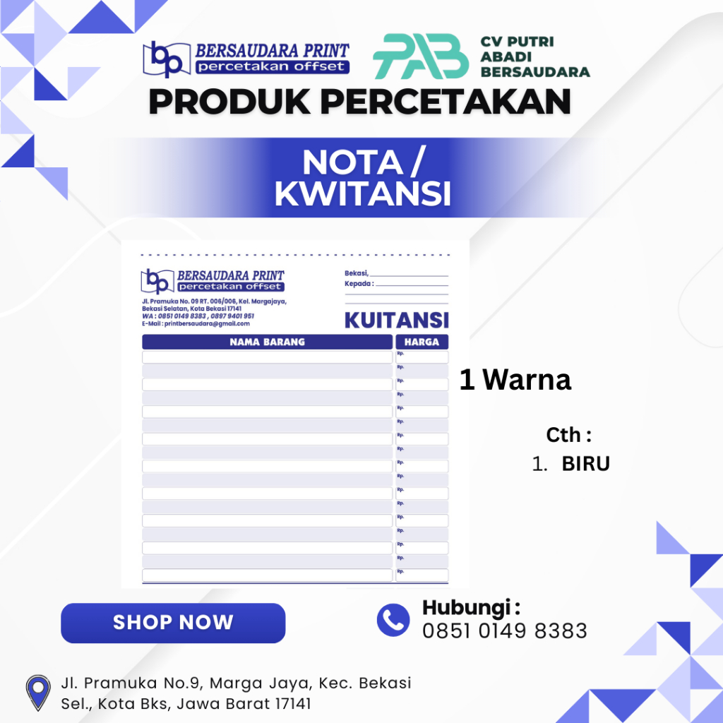 

Nota kwitansi HVS 1PLY uk. 21x11 dan uk 21 x 32 cm, USAHA, BISNIS, PERUSAHAAN