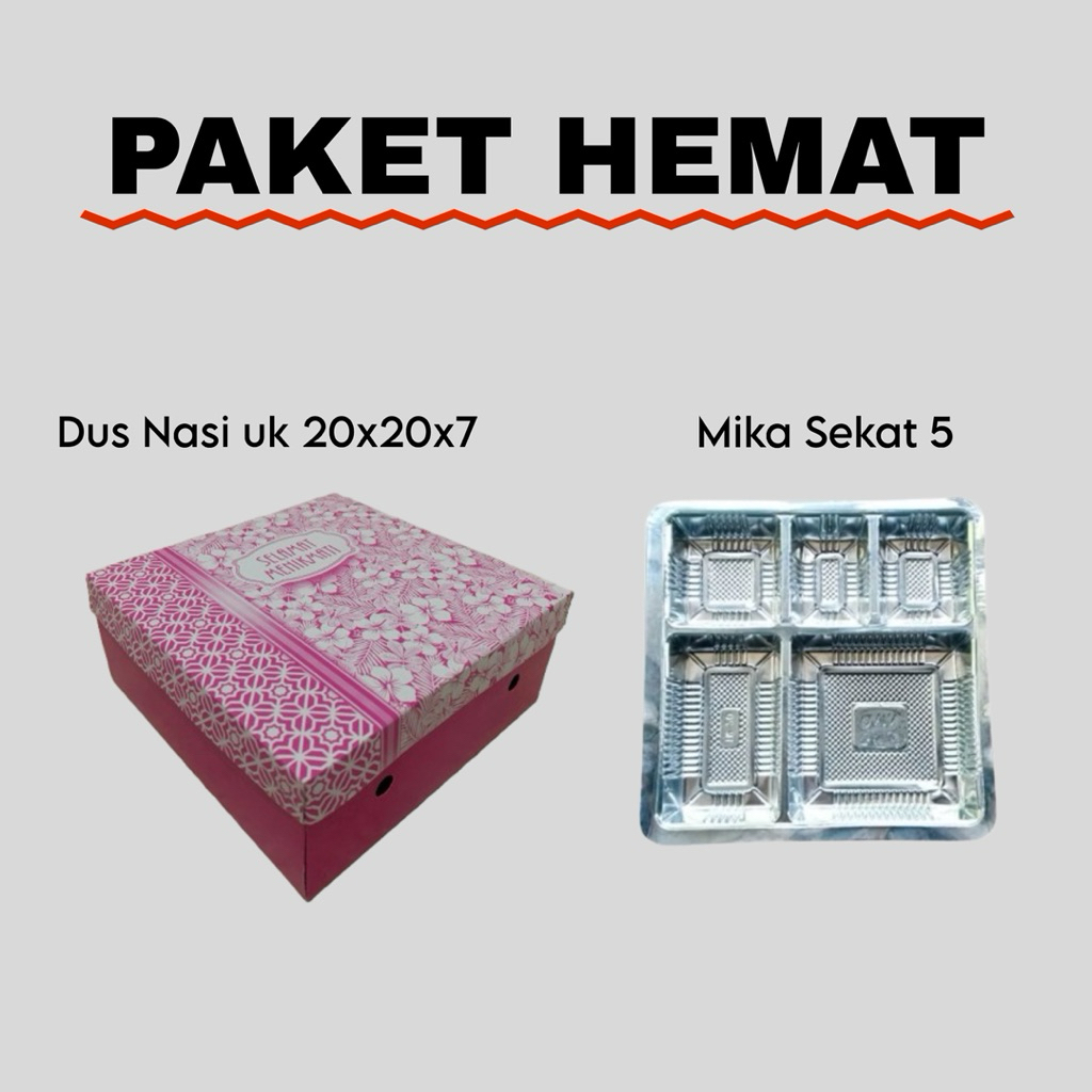 Paket Hemat | Dus Nasi/Snack 20x20x7 dan Mika Sekat 5 | Kardus Nasi /Snack Motif |