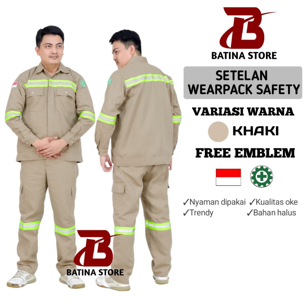 Wearpack setelan safety khaki atasan dan bawahan untuk kerja lapangan proyek bahan drill PE