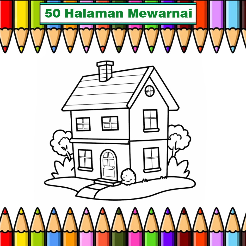 

50 Kertas mewarnai Rumah dll ukuran A5 untuk Anak TK / PAUD / SD Lembar belajar mewarnai