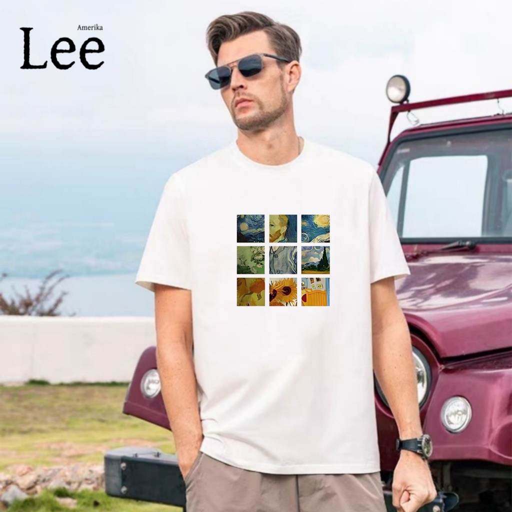 Kaos Pria Katun 100% Nyaman, Desain Kolase Lukisan Bunga Matahari Van Gogh dari Lee, Baju Atasan Kas