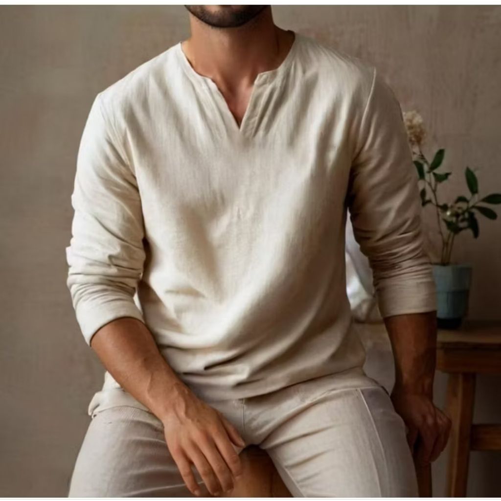 AFR Atasan linen pria tangan panjang kemeja pria kerah V-neck, baju koko pria bahan katun linen nyam