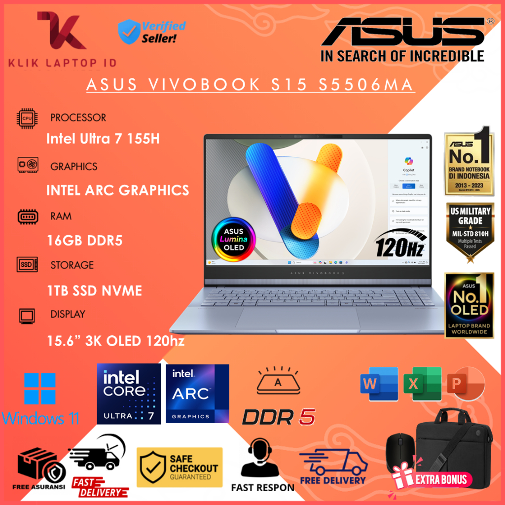 Laptop ASUS VIVOBOOK S15 OLED S5506MA ULTRA 7 155H 16GB 1TB INTEL ARC W11HOME 15.6 3K OLED