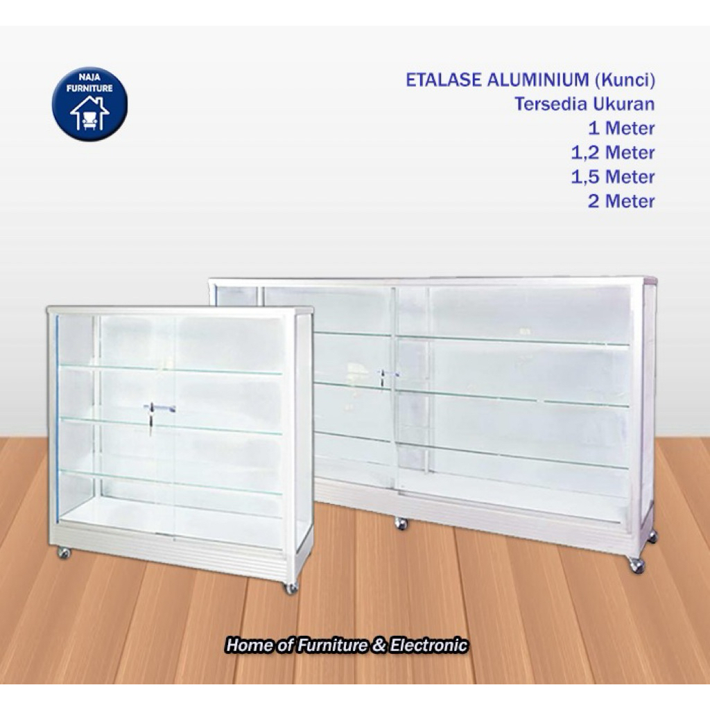 Etalase Aluminium Kaca | Etalase Aluminium Kunci | Etalase Roda | Kaca Tebal | Uk 1 Meter | Uk 1,2 M