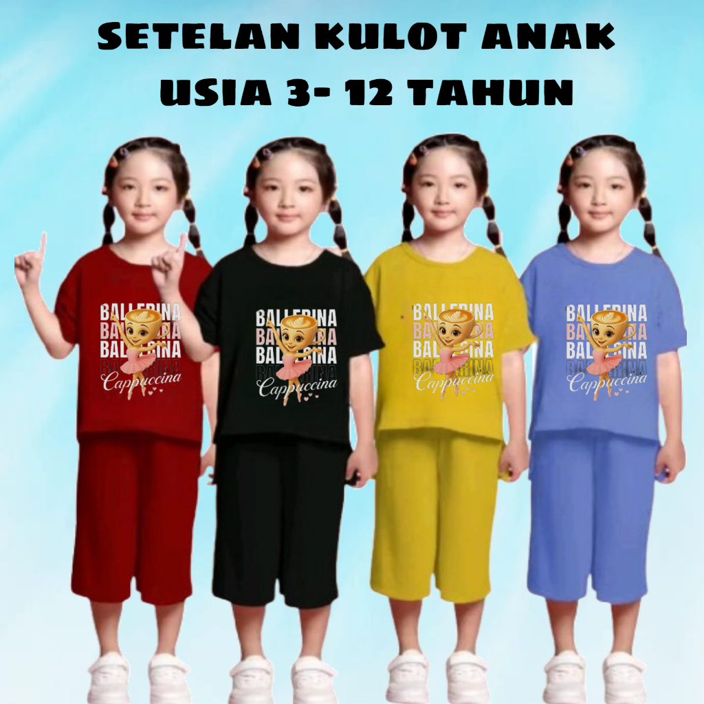 Zyana - Setelan Anak Perempuan Set Kulot pendek Anak Motif Viral Ballerina Cappucina usia 3-12 tahun