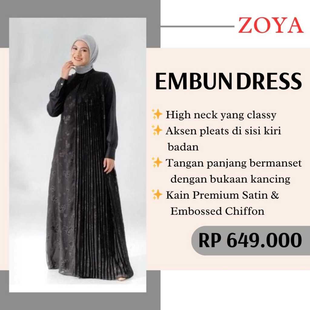 ZOYA Embun Dress Black - Pakaian Muslim Wanita Baju Dress Gamis Motif Wudhu & Busui Friendly Bahan P