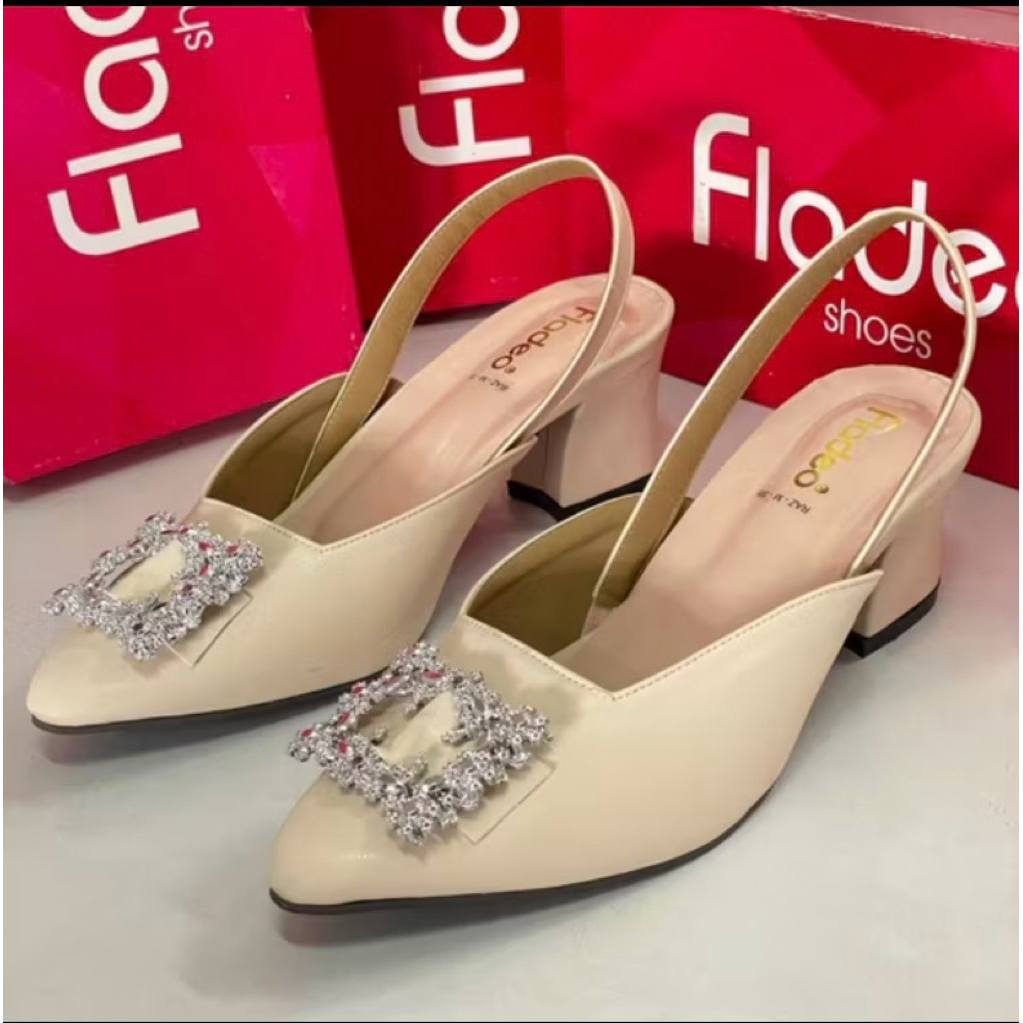 sandal lebaran tali belakang kotak emas hak 5cm