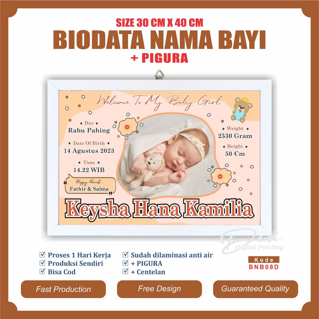 Biodata Kelahiran Bayi + Pigura Ukuran Jumbo 12 R 30 cm x 40 cm BNB08