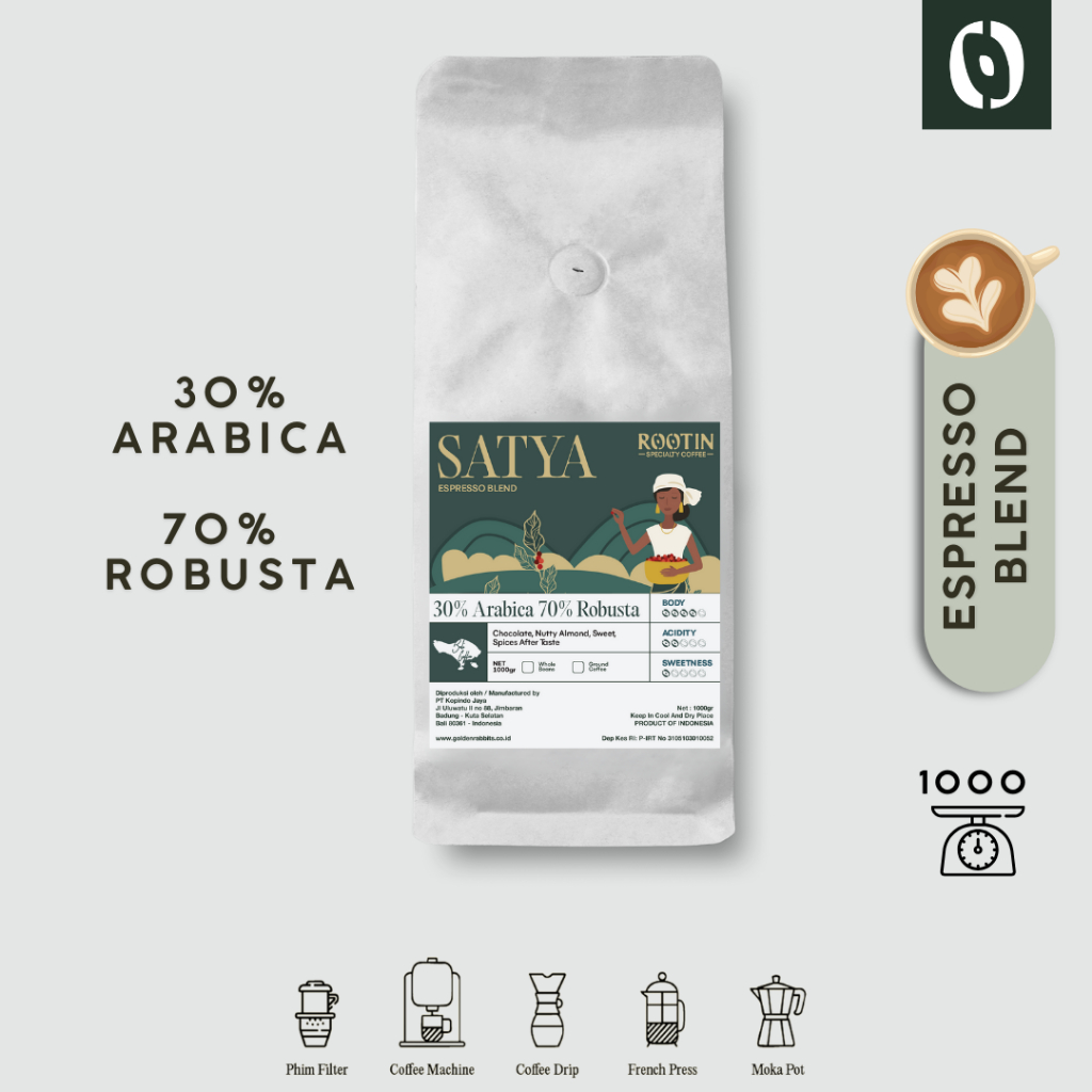 

Rootin Coffee Satya Espresso Blend 30% Arabika 70% Robusta Beans Biji dan Bubuk Kopi / 1kg