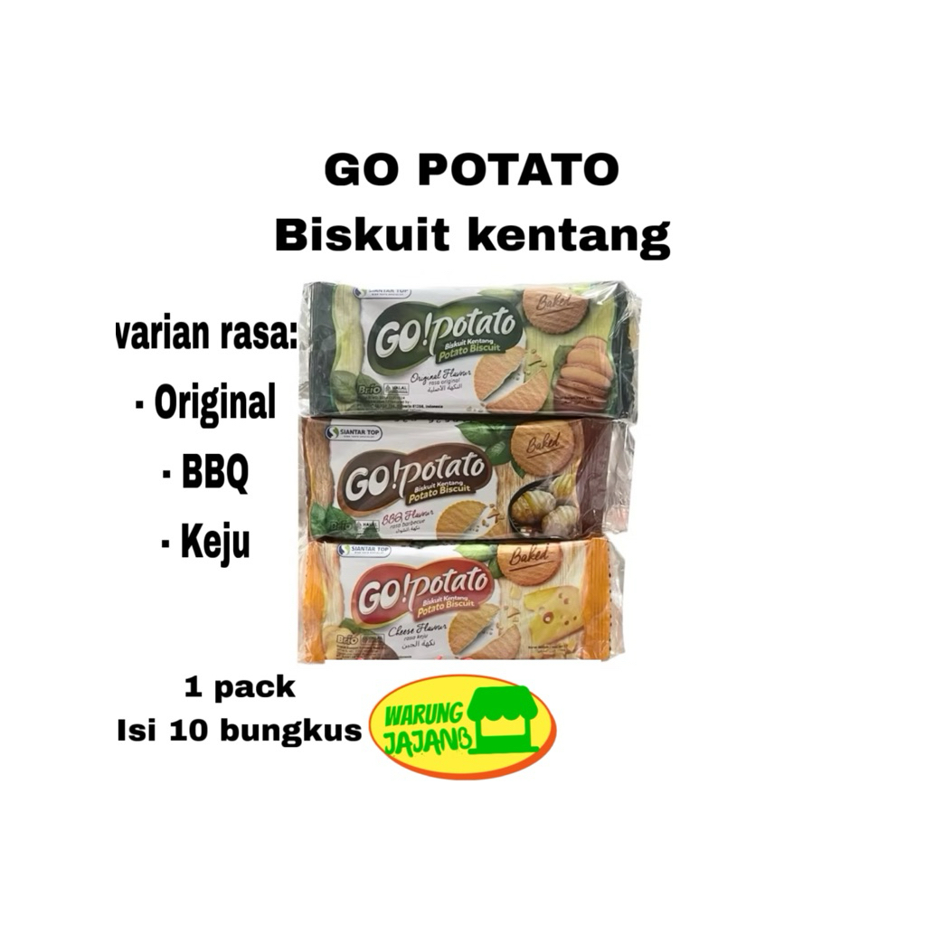 

GO Potato Biskuit Kentang varian Rasa Original Keju BBQ 1 pack isi 10 bungkus x 17gr