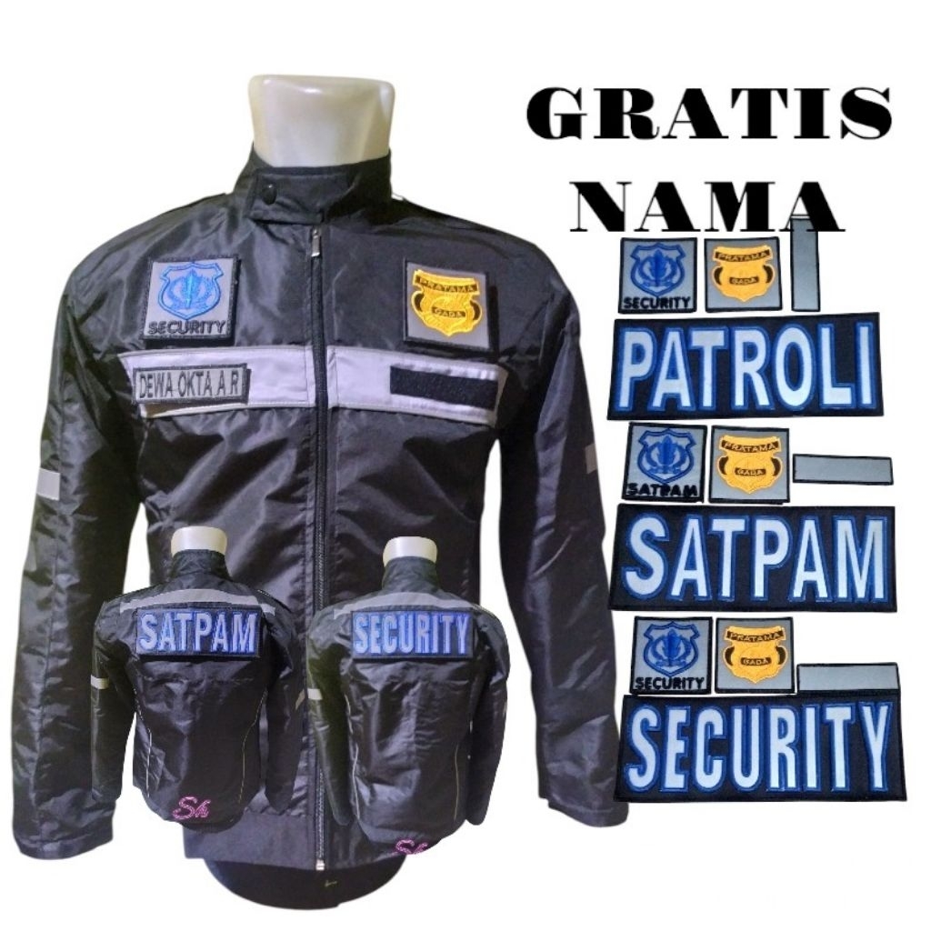 Gratis Nama - Jaket Security Anti Air Bahan Taslan Full Hitam Terbaru Logo Security satpam patroli