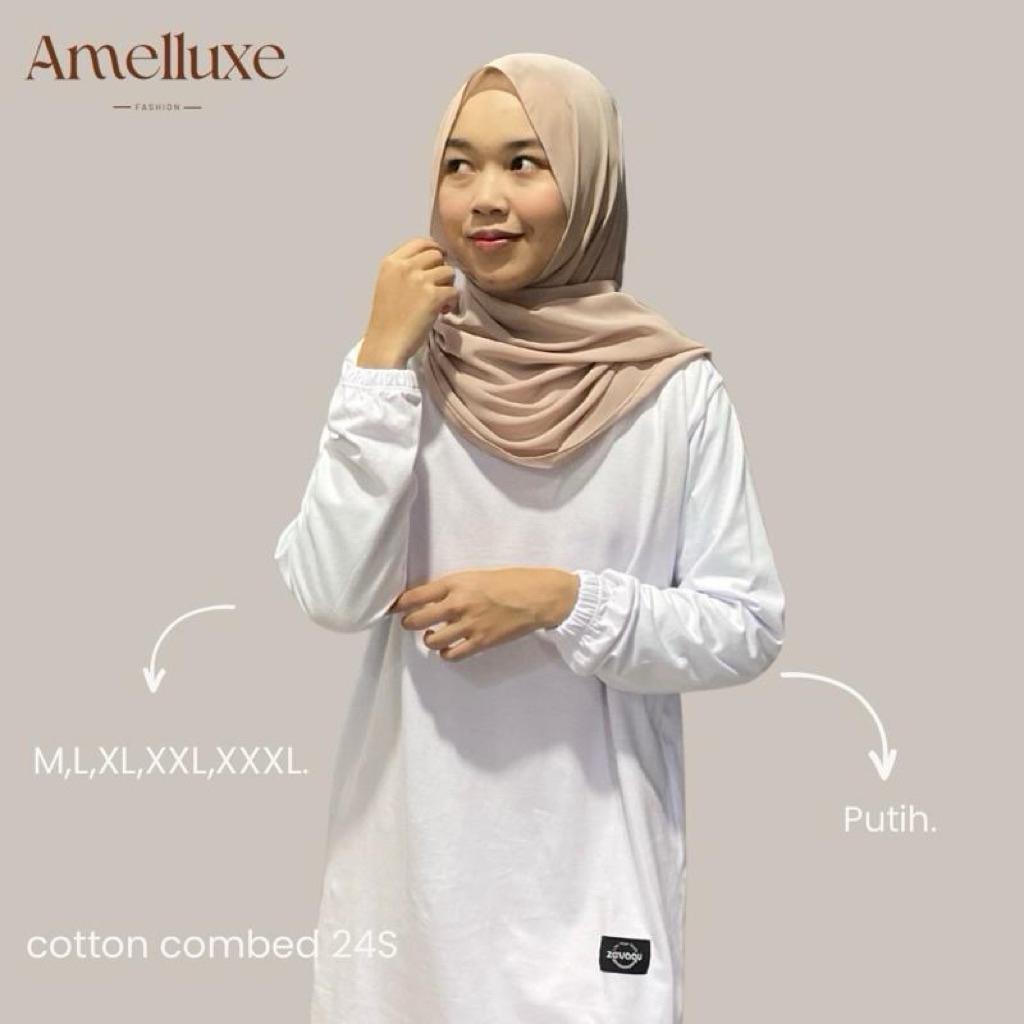 Atasan Tunik Polos Jumbo Warna Putih Lengan Panjang - Tunik Kaos Bahan Cotton Combed 24s