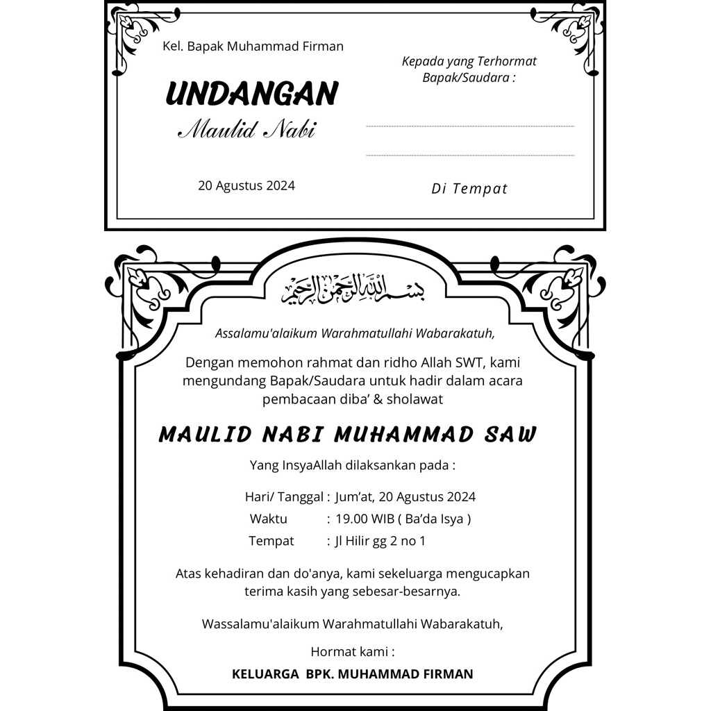 UNDANGAN HITAM PUTIH KERTAS HVS - UNDANGAN WALIMAH TAHLIL YASIN AQIQAH - UNDANGAN TASYAKURAN KENDURI