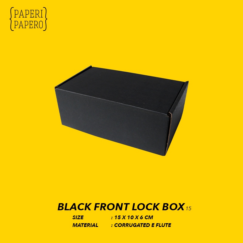 

Black Front Lock Box (15 x 10 x 6 cm) - Packaging Kardus Hitam Kaos / Kue Premium