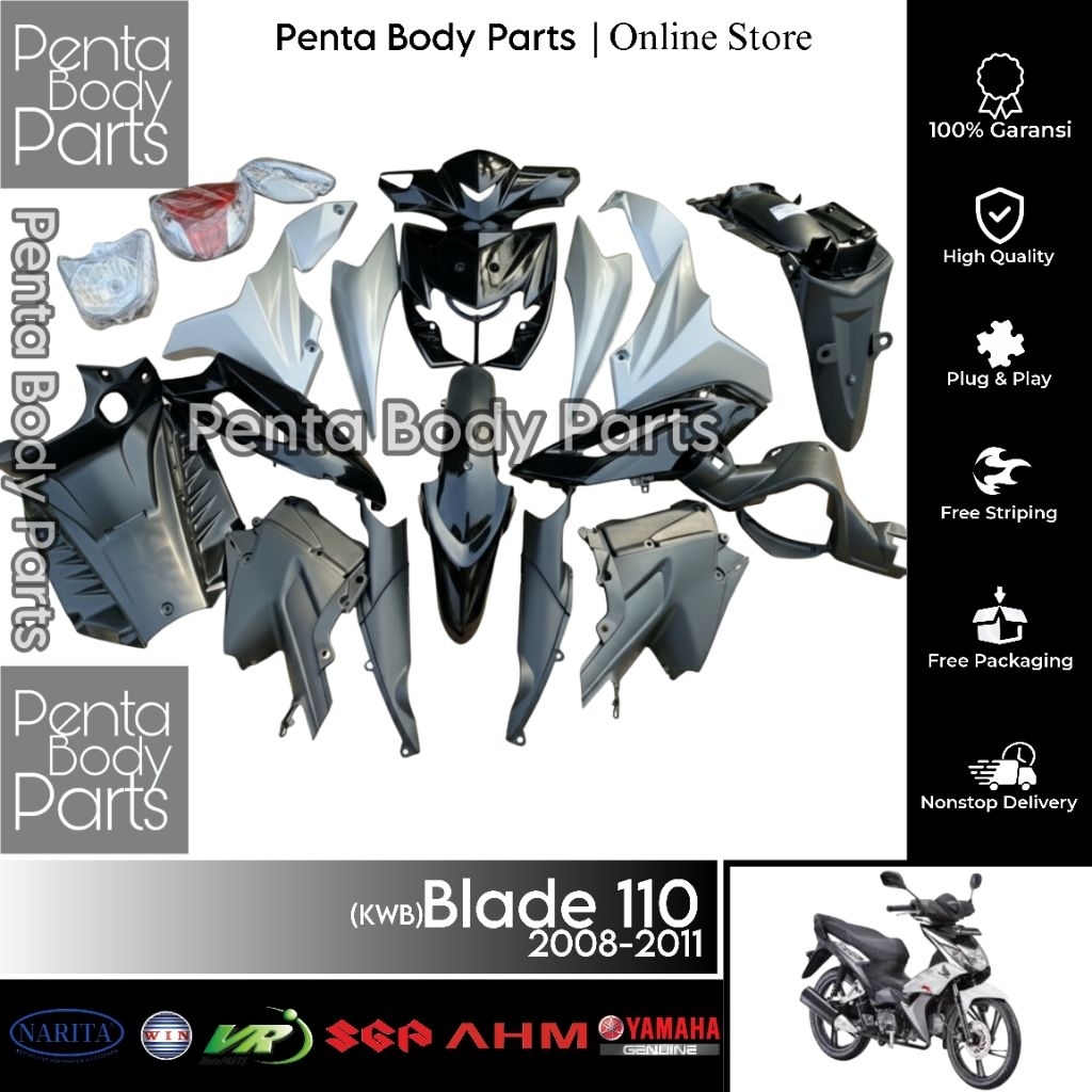 Full Cover Body Silver Blade 110 (KWB) - Ful Set Bodi Silver Kuning, Biru, Putih Honda Blade Lama / 