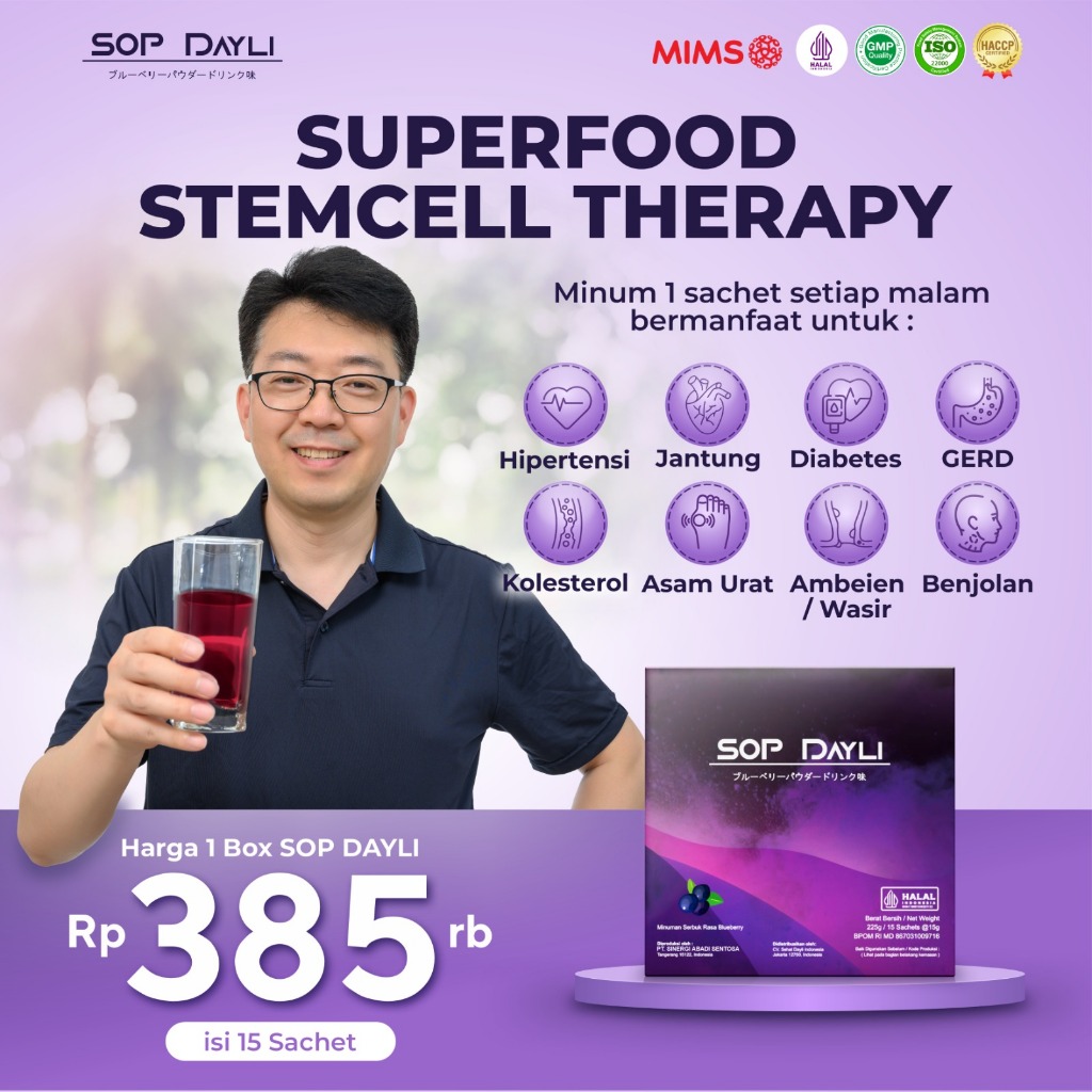 

SOP Dayli OFFICIAL Makassar - 1 Box Isi 15 Sachet - Minuman Nutrisi Stemcell Premium Bantu Atasi GERD, Diabetes, Asam Urat, Tumor, Kanker, Stroke | Booster Regenerasi Sel | BPOM Resmi | MIMS |
