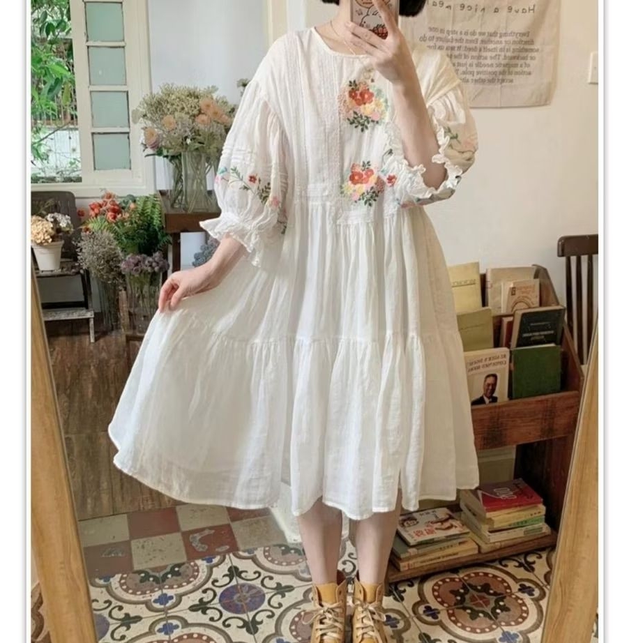 18650 Baju mididress HIKARI EMBROIDERED COTTON MORIKEI STYLE DRESS Lace bordir putih loose dres Kore