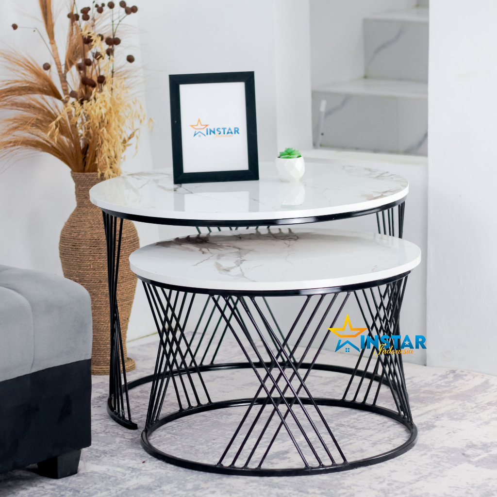 Instar - Nesting Table Lunar Meja Ruang Tamu Minimalis 1Set Industrial Besi HPL Motif Marmer Model X