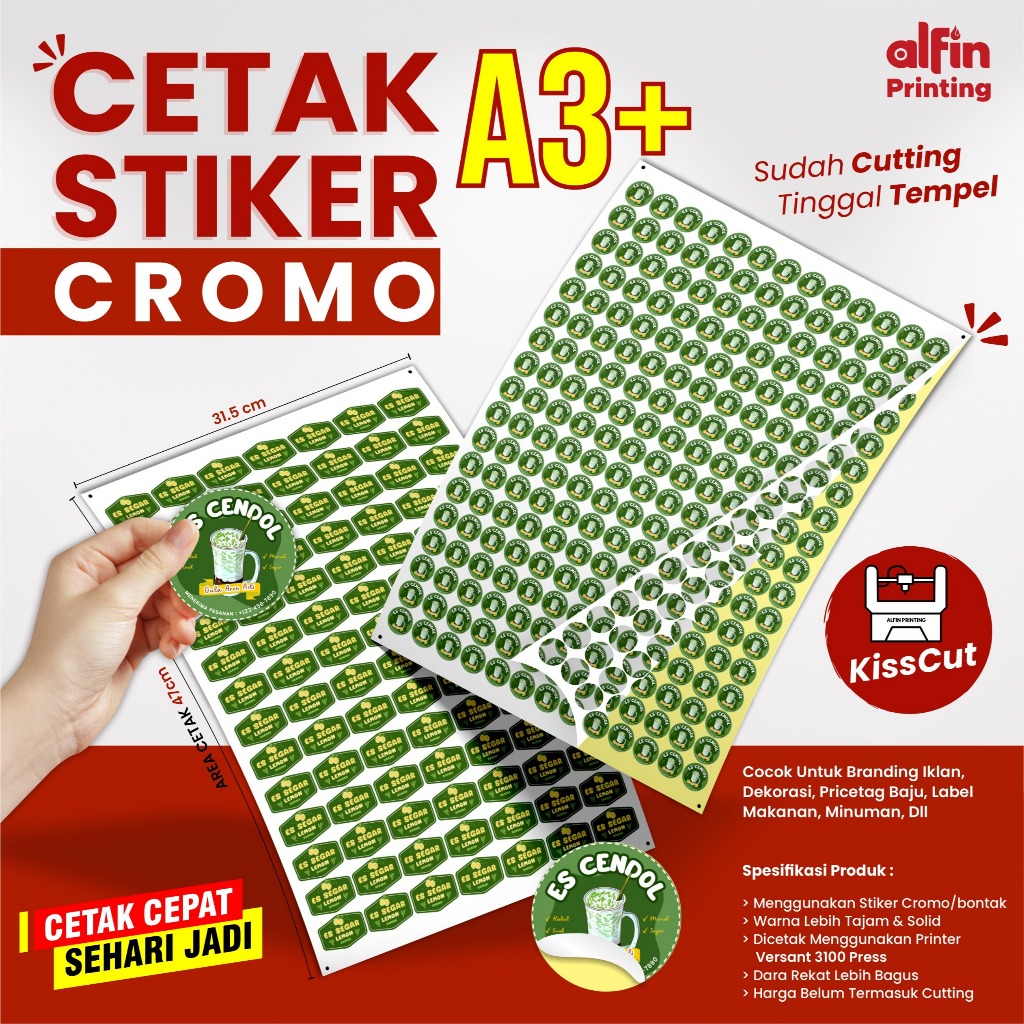 

STIKER A3+ CROMO KISS CUT | PRINT A3+ STIKER CROMO CUTTING MURAH / STIKER BONTAK / LABEL / KEMASAN