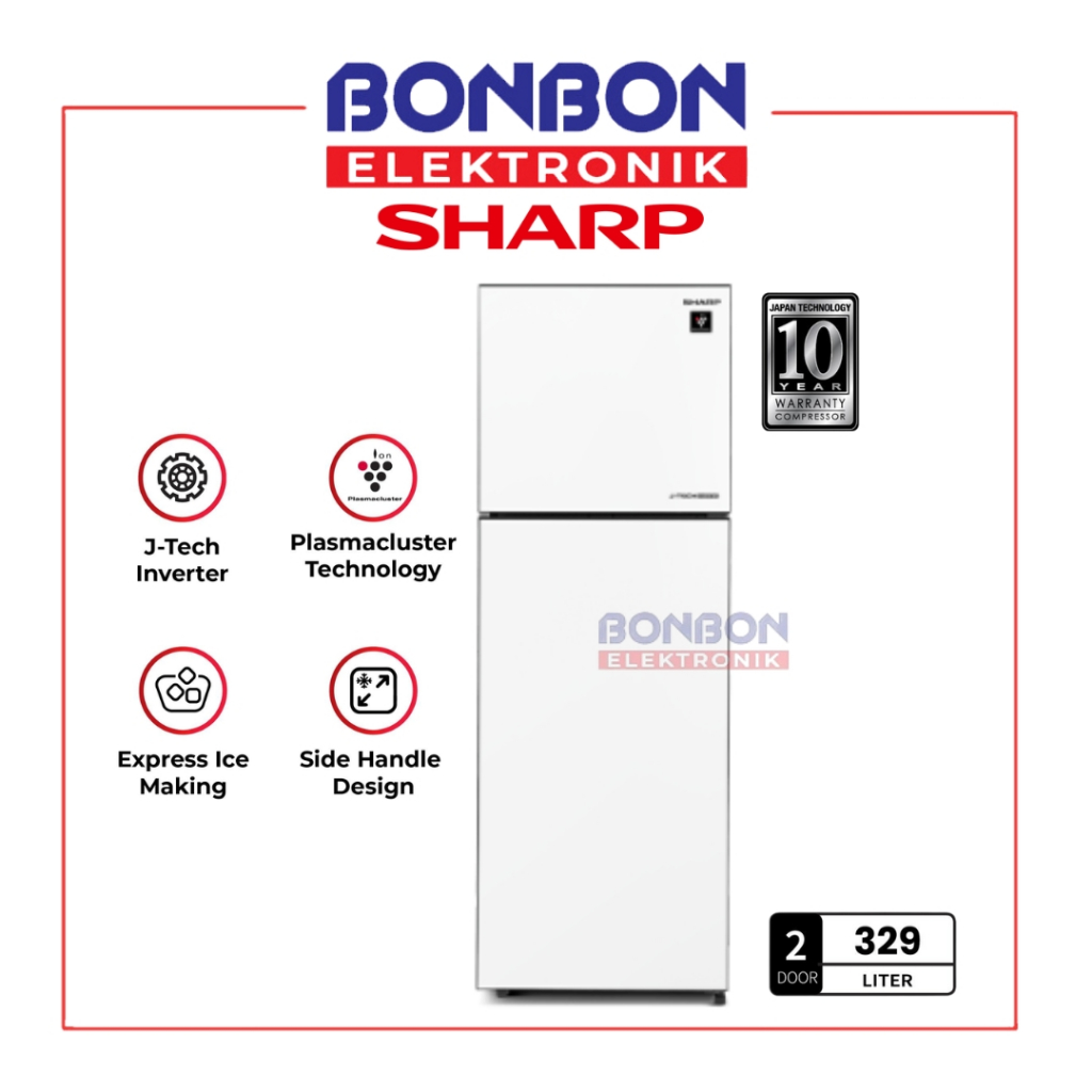 SHARP Kulkas 2 Pintu 352L SJ-456GI-GW / SJ456GIGW / SJ 456GI  White Glitter 2 Door - SHINE Glass Doo
