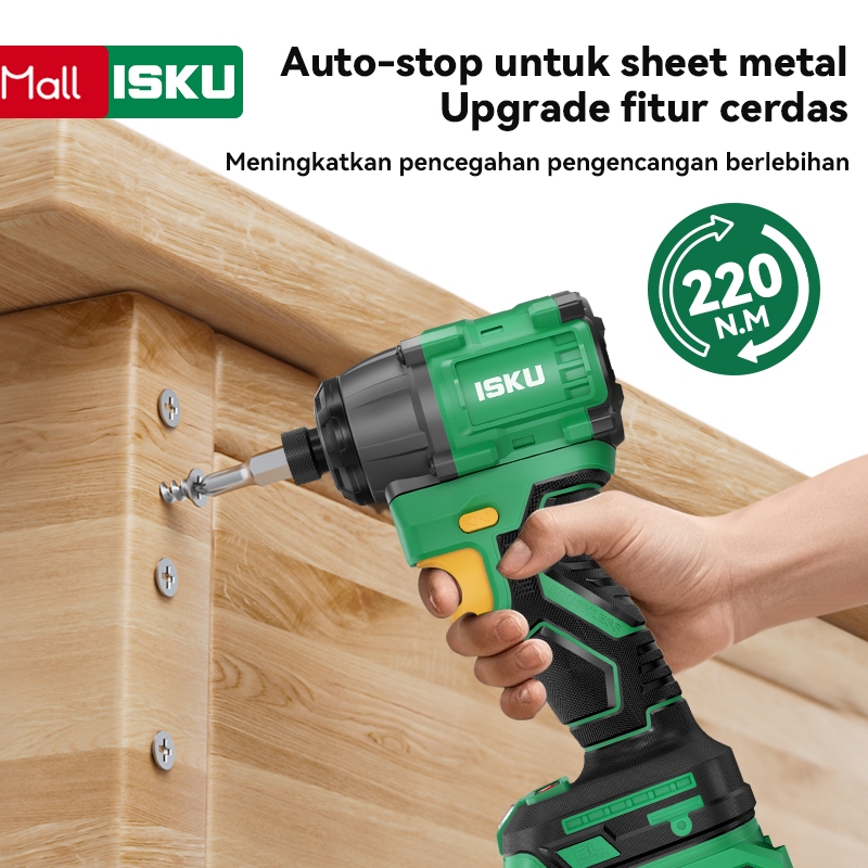 ISKU Bor Baterai Impact Driver 220Nm motor tanpa sikat Obeng Listrik Cordless Auto Stop Mesin Bor Ka