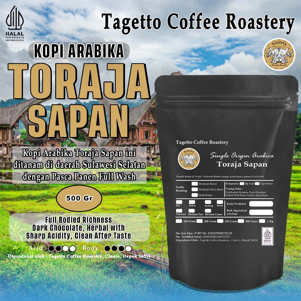 

KOPI ARABIKA TORAJA SAPAN 500GR | SPECIALTY ARABICA BEAN GROUND BIJI BUBUK 500 GRAM TAGETTO COFFEE ROASTERY