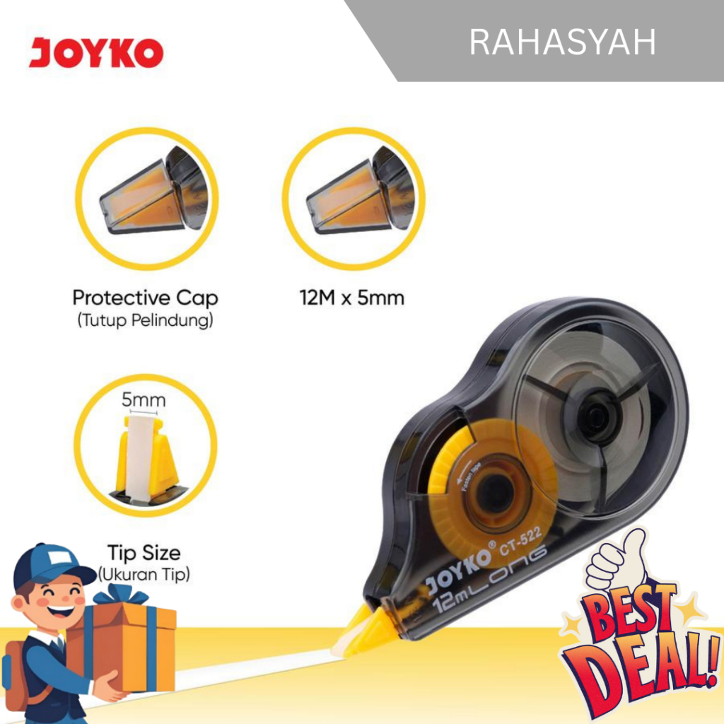 

1 lusin Joyko Correction Tape CT-522 - Pita Koreksi Joyko dengan Tutup Pelindung dan Ukuran Tip 5mm - 12M x 5mm