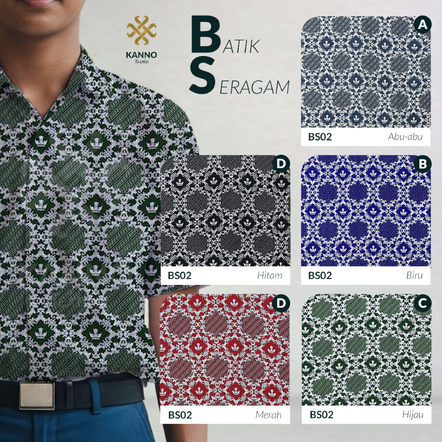 KAIN BATIK SERAGAM SEKOLAH BAHAN BSY SANWOS BS02 WARNA MERAH/BIRU/HIJAU/ABU/HITAM
