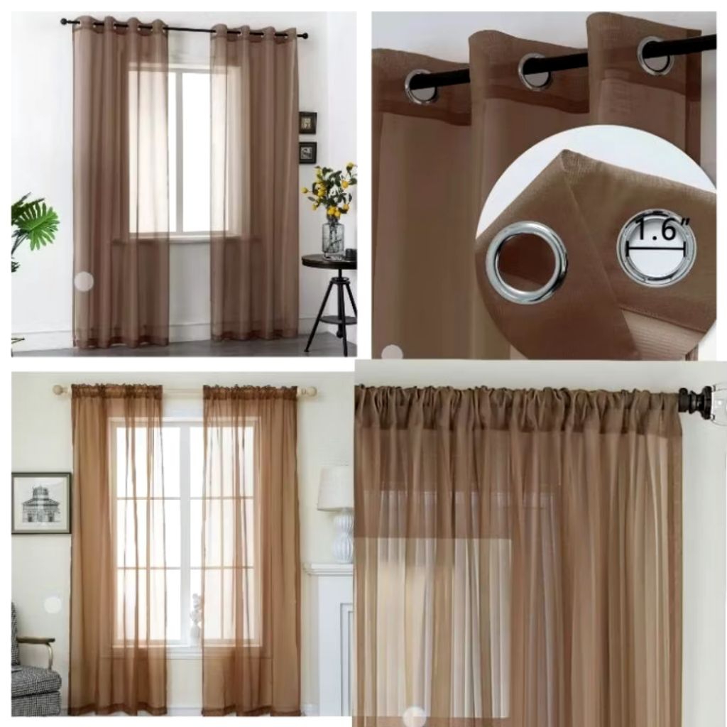 Gorden Vitrase Polos Warna Coklat Model Smokring & Serut Jendela Minimalis