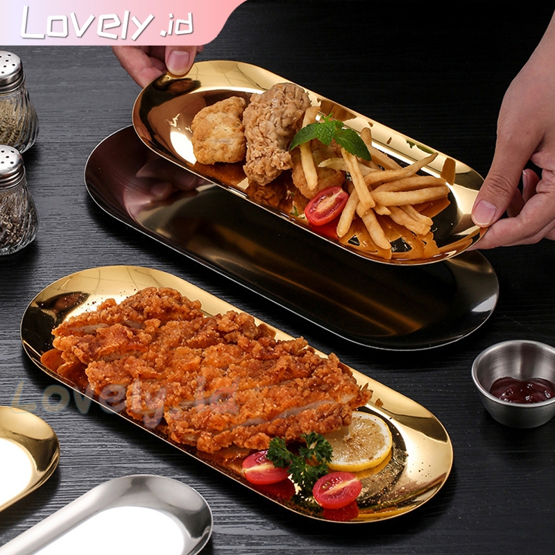 Nampan Piring Oval Emas Aesthetic Stainless | Piring Steaks Emas | Steak Tray Korea