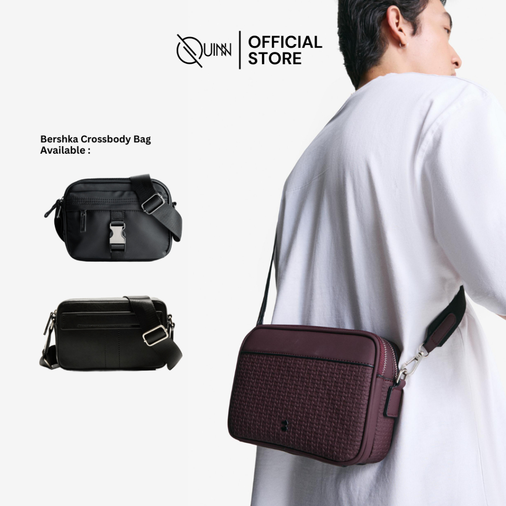 BERSHKA Crossbody Bag Men Black Burgundy / Tas Selempang Pria Branded Full Tag