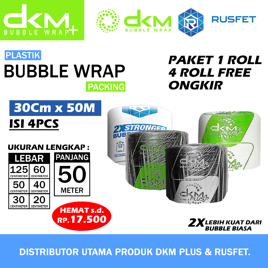 

Bubble Wrap DKM Plus Paket 1 Roll Premium Quality Termurah Plastik Bubblewrap Packing Online Shop Per Roll 30cm x 50m (Isi 4pcs)