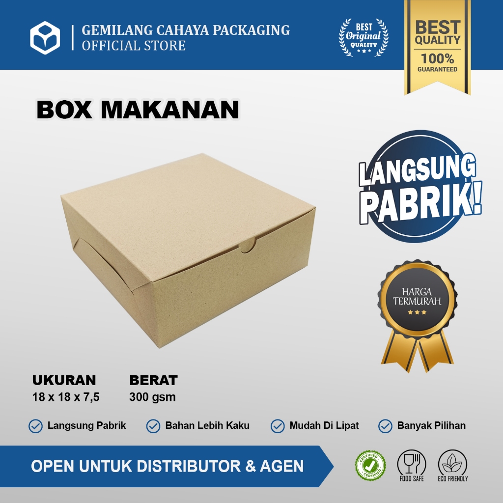 

(50 pcs) Box Makanan Snack Polos Coklat Kraft Tebal (300 GSM) Ukuran 18x18x7,5cm