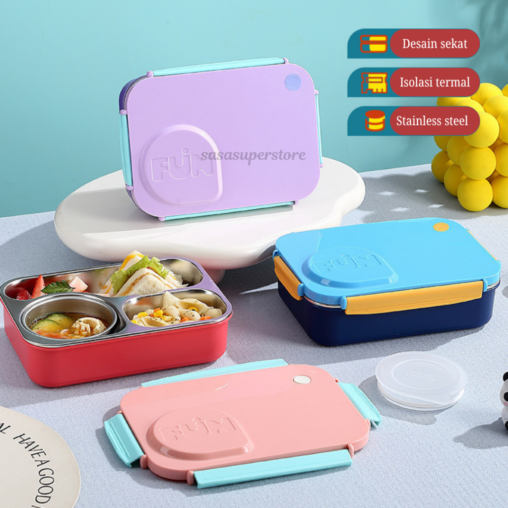 SASA BEBE | KOTAK MAKAN HEALTHY STAINLESS STEEL 304 3 SEKAT DAN 4 SEKAT TEMPAT MAKAN LUCU VIRAL LUNC